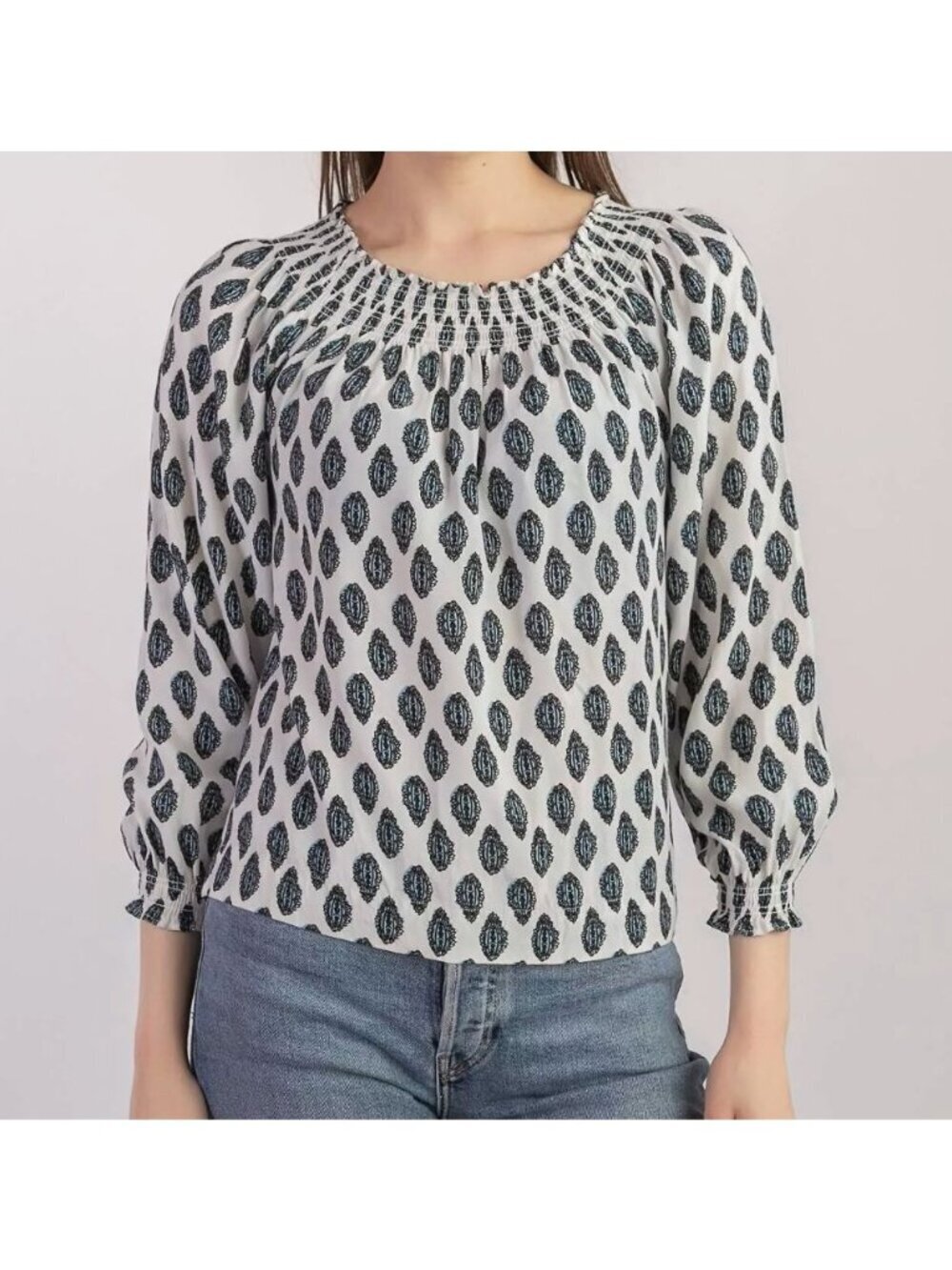 Maje Loris Imprime White Blue Print Off the Shoulder Blouse Top Size 3